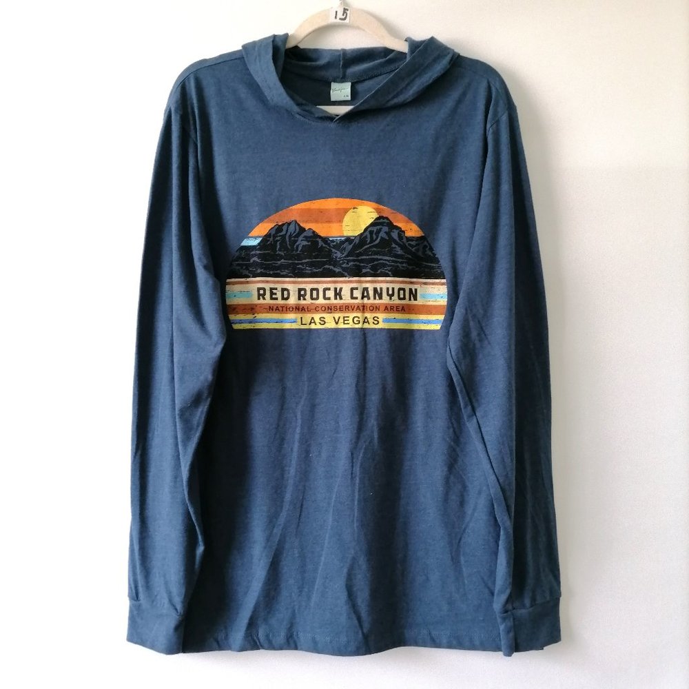 Pacific Mens Navy Blue Red Rock Canyan Long Sleeve Pullover Hoodie Size L